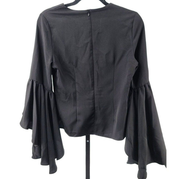 Gracia Black Ruffle Bell Sleeve Top Blouse Zip Up Black Women's Size Small - Picture 5 of 7